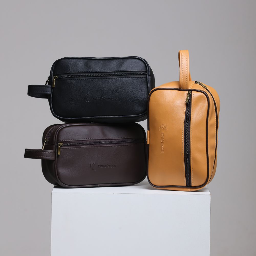 Necessaire Masculina em Couro Sintético Preto, Marrom e Amarelo - Compacta e Elegante