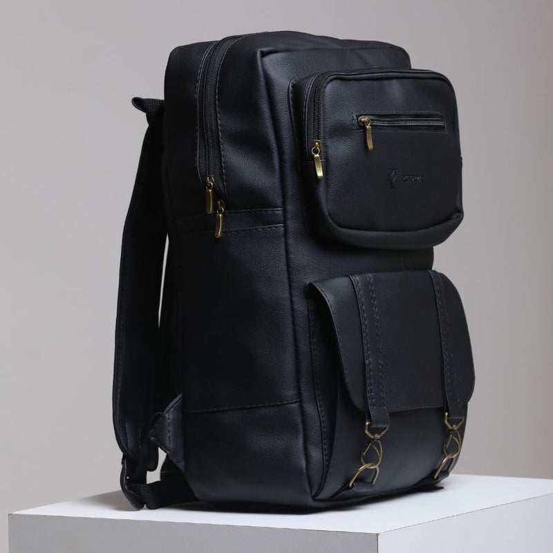 Mochila Masculina em Couro Sintético Preto com Zíper Dourado - Elegante e Resistente