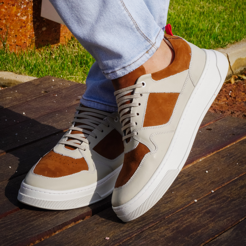 Sneaker Casual Masculino RC - Bege e Off White – Estilo Moderno, Conforto e Solado Branco