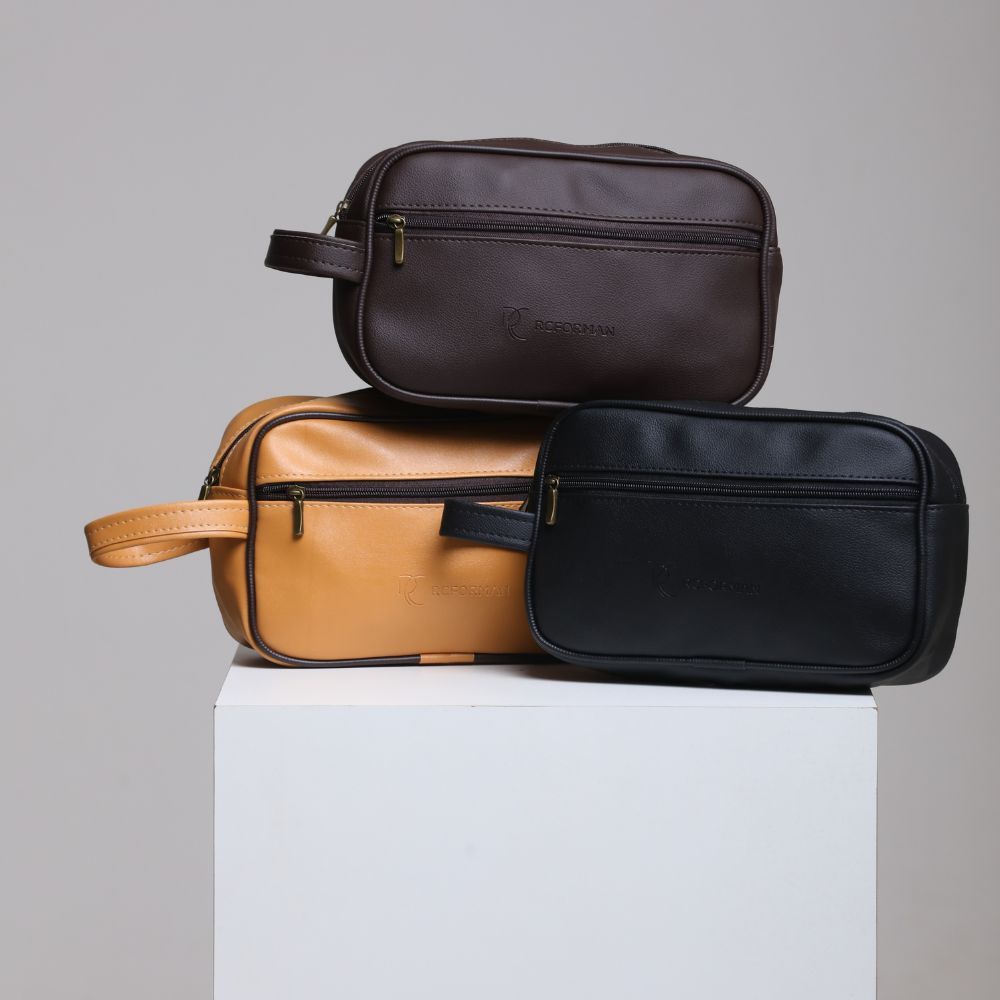 Necessaire Masculina em Couro Sintético Preto, Marrom e Amarelo - Compacta e Elegante