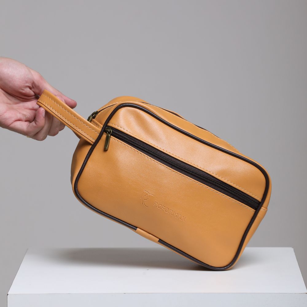 Necessaire Masculina em Couro Sintético Preto, Marrom e Amarelo - Compacta e Elegante