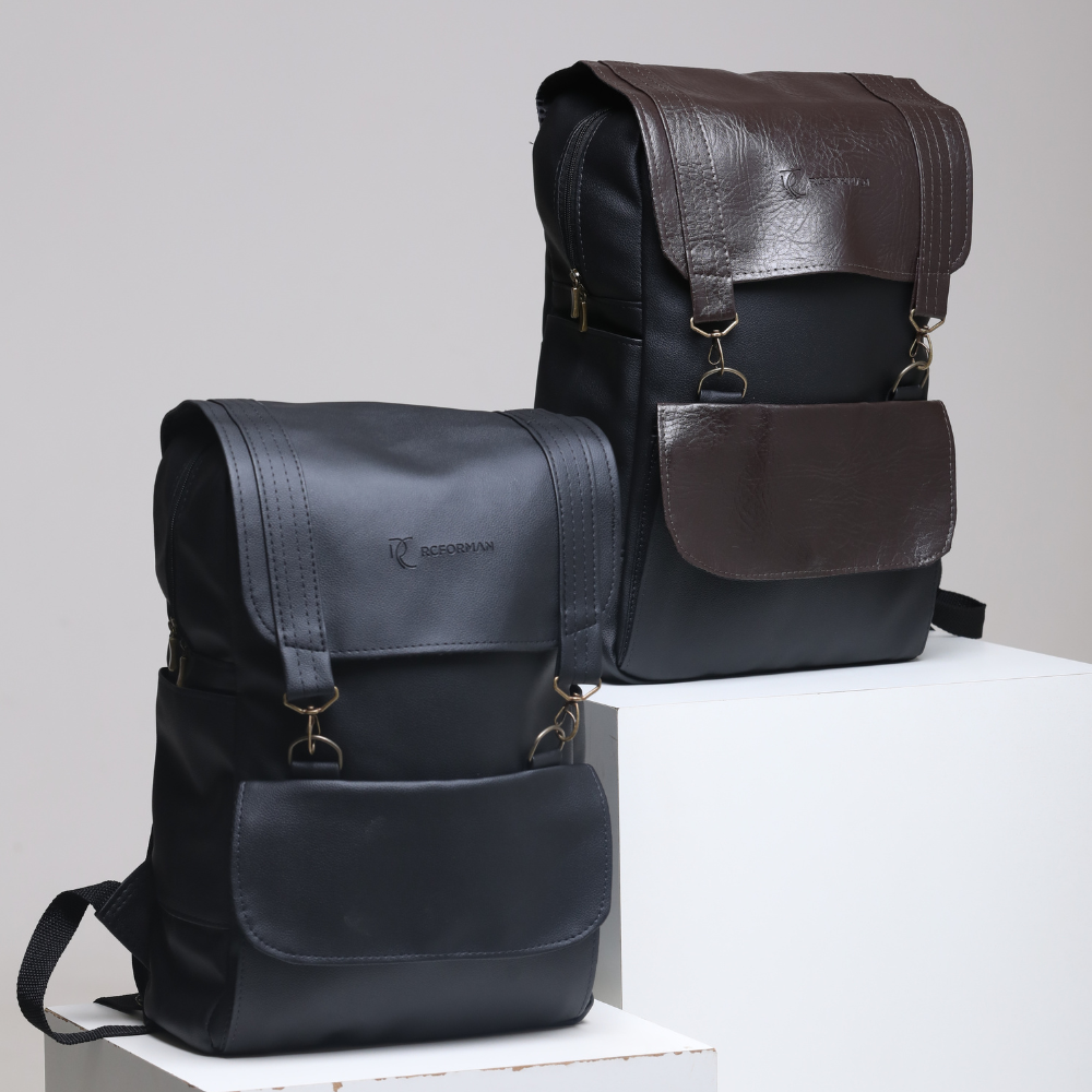 Mochila Masculina em Couro Sintético Preto e Marrom - Elegante e Funcional