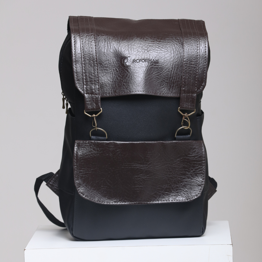 Mochila Masculina em Couro Sintético Preto e Marrom - Elegante e Funcional
